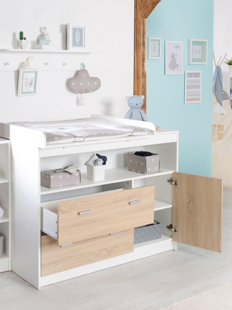ROBA Commode à Langer "Gabriella" - Plan Amovible - 2 Tiroirs - 1 Porte - 1 compartiment – Bicolore Blanc Marron Blanc - Kiabi