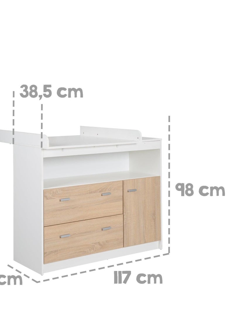 ROBA Commode à Langer "Gabriella" - Plan Amovible - 2 Tiroirs - 1 Porte - 1 compartiment – Bicolore Blanc Marron Blanc - Kiabi