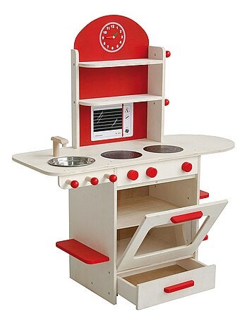 ROBA Cuisine Enfant en Bois + Évier et Accessoires en Bois et Métal - Dès 3 Ans - Naturel/Rouge