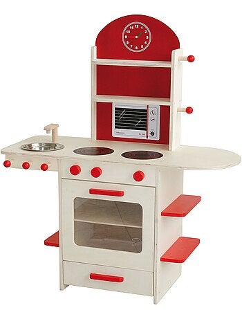 ROBA Cuisine Enfant en Bois + Évier et Accessoires en Bois et Métal - Dès 3 Ans - Naturel/Rouge