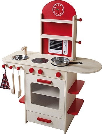 ROBA Cuisine Enfant en Bois + Évier et Accessoires en Bois et Métal - Dès 3 Ans - Naturel/Rouge