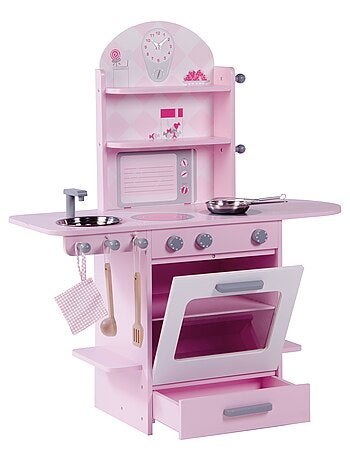 ROBA Cuisine Enfant en Bois + Évier et Accessoires en Bois et Métal - Dès 3 Ans - Rose/Blanc