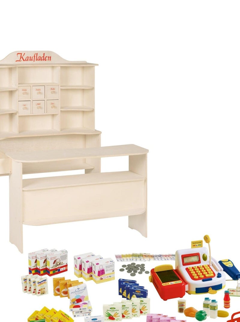 ROBA Grande Marchande Enfant en Bois + Caisse Enregistreuse et 100 Pièces d'Accessoires - Naturel N/A - Kiabi