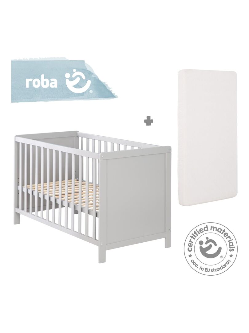 ROBA Lit Bébé et Cododo 60 x 120 cm Matelas et Sommier Hauteur Réglable Gris Gris