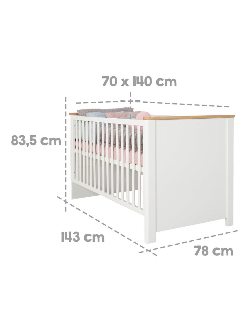 ROBA Lit bébé évolutif "Ava" - 70x140 - Hauteur Réglable - 0 à 7 Ans - Blanc/Décor Chêne Artisanal Blanc - Kiabi