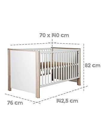 ROBA Lit bébé évolutif "Olaf" - 70x140 - Hauteur Réglable - 3 Barreaux Amovibles - Blanc/Décor Bois