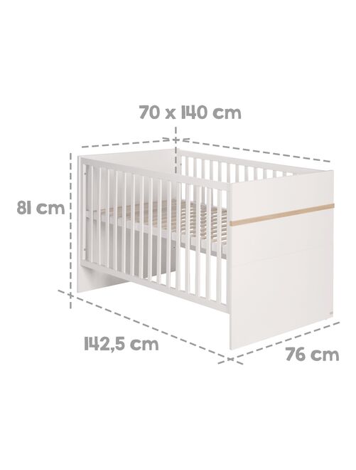 ROBA Lit bébé évolutif "Pia" - 70x140 - Convertible - Hauteur Réglable - Blanc/Décor 'San Remo' - Kiabi