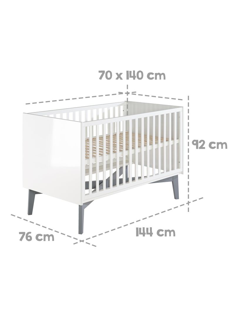 ROBA Lit bébé évolutif "Retro 2" - 70x140 - Convertible - Hauteur Réglable - Blanc Brillant/Gris Mat Blanc - Kiabi