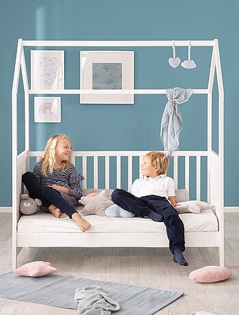 ROBA Lit Cabane Évolutif 70x140 - Certifié FSC - Convertible - Hauteur Réglable - Naturel et Blanc