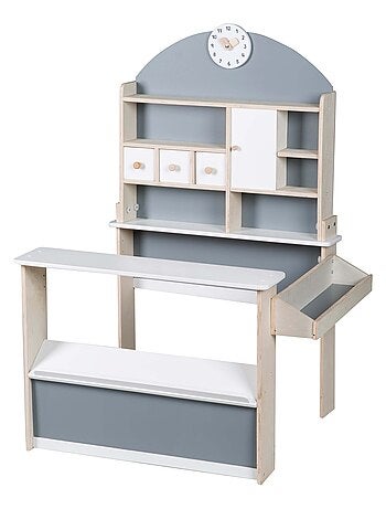 ROBA Marchande en Bois à Étagères et 3 Tiroirs + 2 Comptoirs et Horloge