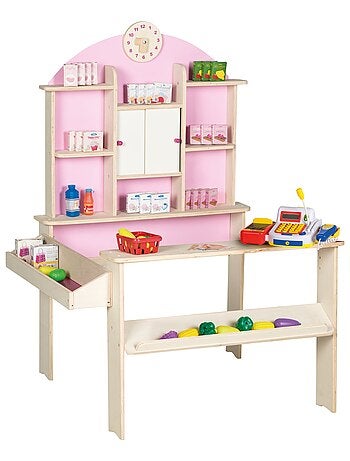 ROBA Marchande en Bois avec Horloge + Caisse Enregistreuse Microphone et Accessoires - Rose/Naturel