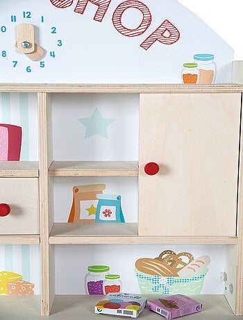 ROBA Marchande en Bois "Minishop" avec Horloge et Tableau Noir - Incl. Accessoires - Naturel/Imprimé