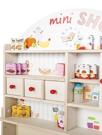 ROBA Marchande en Bois "Minishop" avec Horloge et Tableau Noir - Incl. Accessoires - Naturel/Imprimé