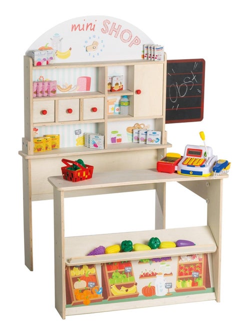 ROBA Marchande en Bois "Minishop" avec Horloge et Tableau Noir - Incl. Accessoires - Naturel/Imprimé - Kiabi