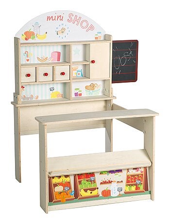 ROBA Marchande en Bois "Minishop" avec Horloge et Tableau Noir - Naturel/Imprimér Aliments