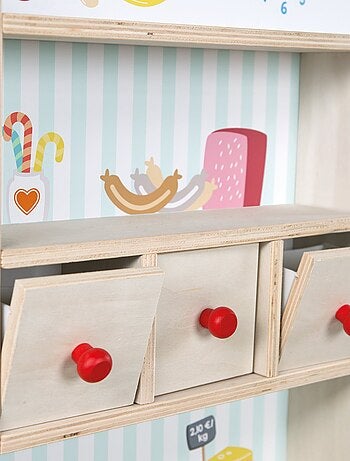 ROBA Marchande en Bois "Minishop" avec Horloge et Tableau Noir - Naturel/Imprimér Aliments