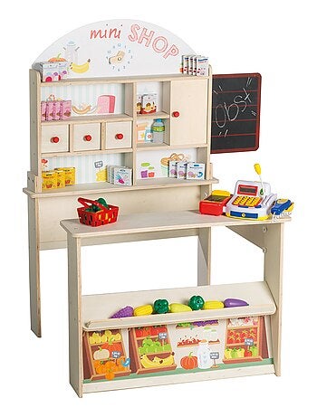 ROBA Marchande en Bois "Minishop" avec Horloge et Tableau Noir - Naturel/Imprimér Aliments