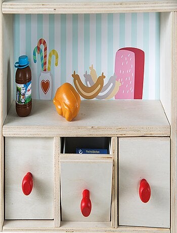 ROBA Marchande en Bois "Minishop" avec Horloge et Tableau Noir - Naturel/Imprimér Aliments