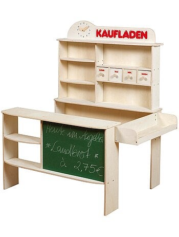 ROBA Marchande Enfant en Bois à 4 Tiroirs et Étagères - Horloge et Tableau à Craie