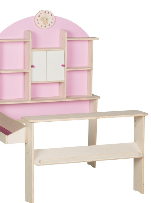 ROBA Marchande Enfant en Bois avec Horloge - Étagères et 2 Portes Coulissantes - Rose/Naturel - Kiabi