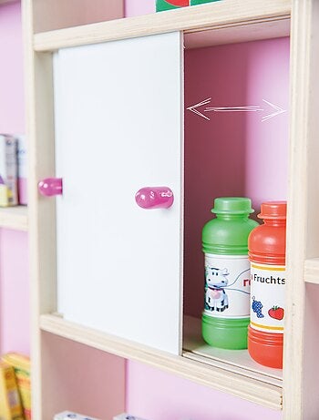 ROBA Marchande Enfant en Bois avec Horloge - Étagères et 2 Portes Coulissantes