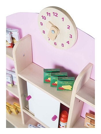 ROBA Marchande Enfant en Bois avec Horloge - Étagères et 2 Portes Coulissantes