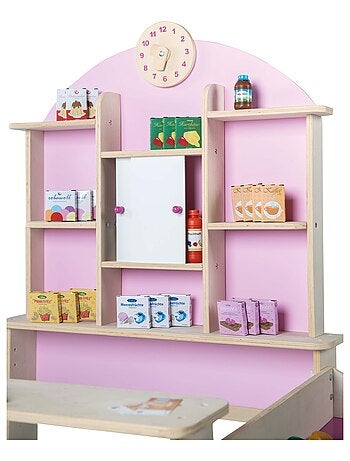 ROBA Marchande Enfant en Bois avec Horloge - Étagères et 2 Portes Coulissantes