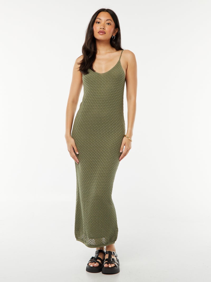 Robe à bretelles coupe midi en crochet Kaki - Kiabi