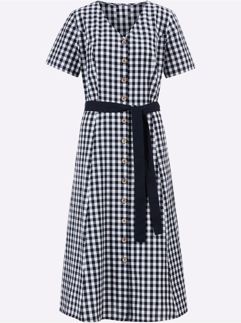 Robe à carreaux avec col V et ceinture nouée - Taille standard - Moda Vilona Bleu Blanc - Kiabi