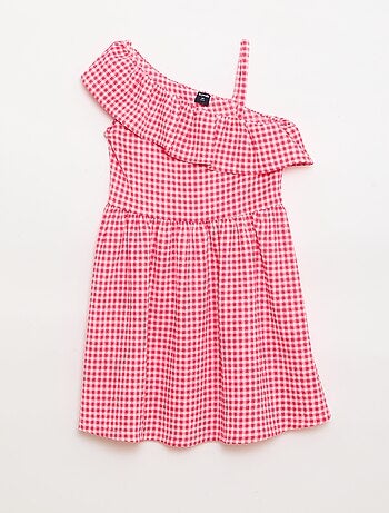 Robe à col asymétrique volanté motif Vichy