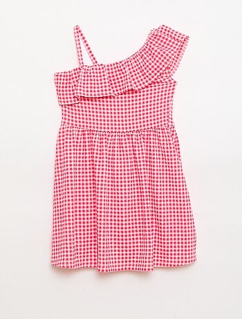 Robe à col asymétrique volanté motif Vichy