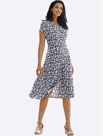 Robe à fleurs avec encolure en v et manches courtes - taille courte - moda vilona
