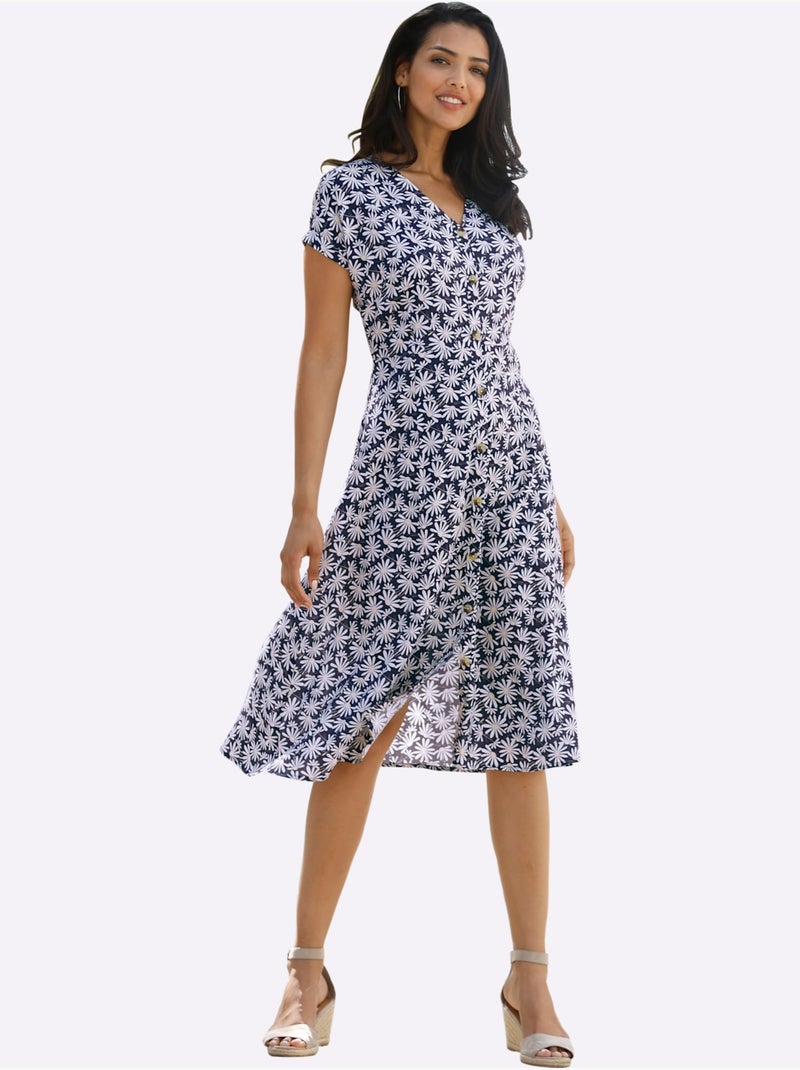 Robe à fleurs avec encolure en V et manches courtes - Taille courte - Moda Vilona Blanc Bleu marine Blanc - Kiabi