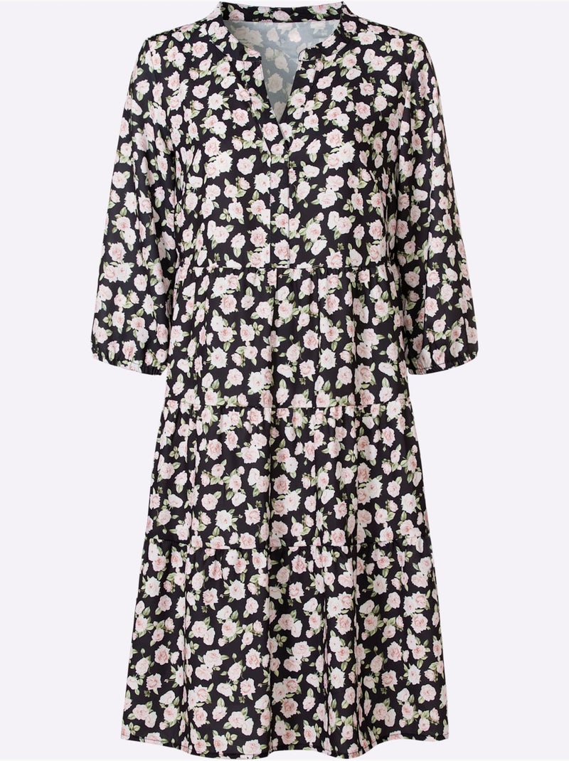 Robe à Fleurs Coupe En A Affinante - Taille Courte - Witt Noir Blanc - Kiabi