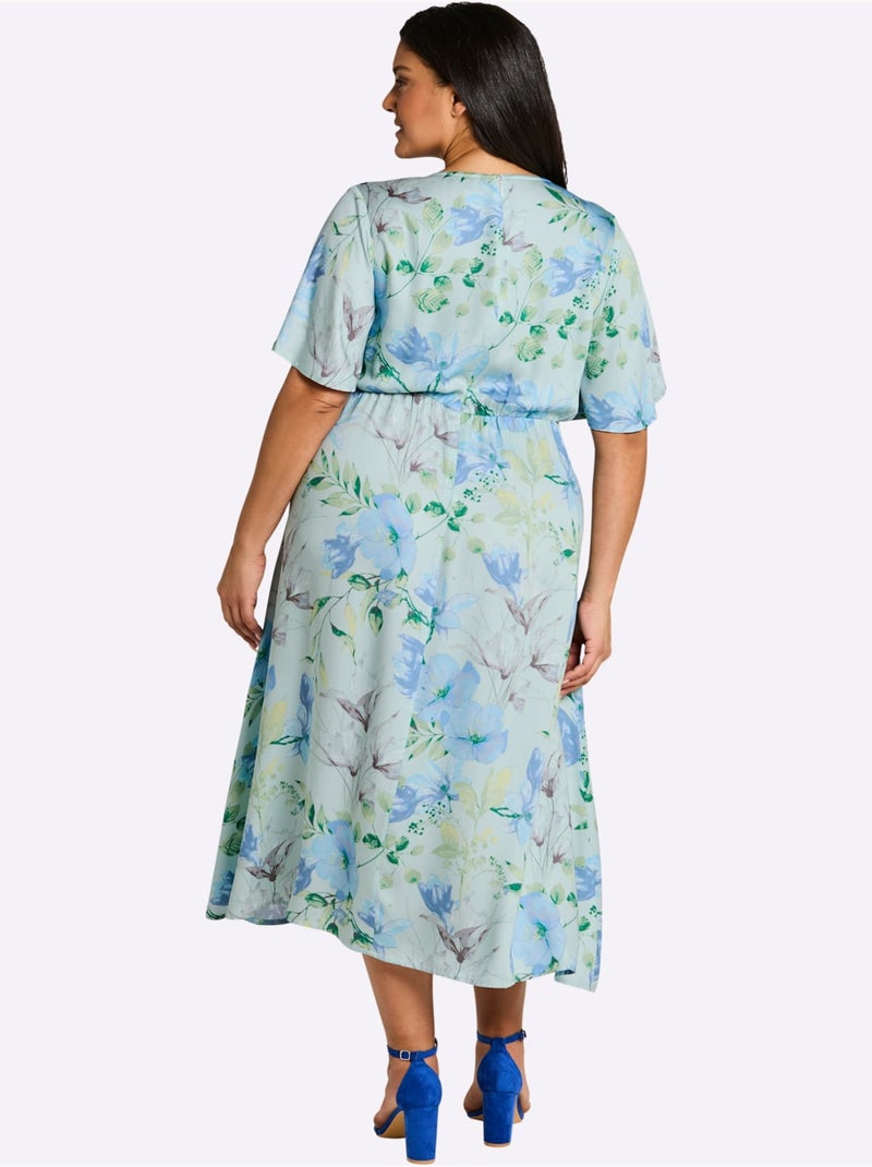 Robe à Fleurs Fronces à La Taille, Effet Noué - Taille Standard - Sheego Bleu Vert Bleu - Kiabi