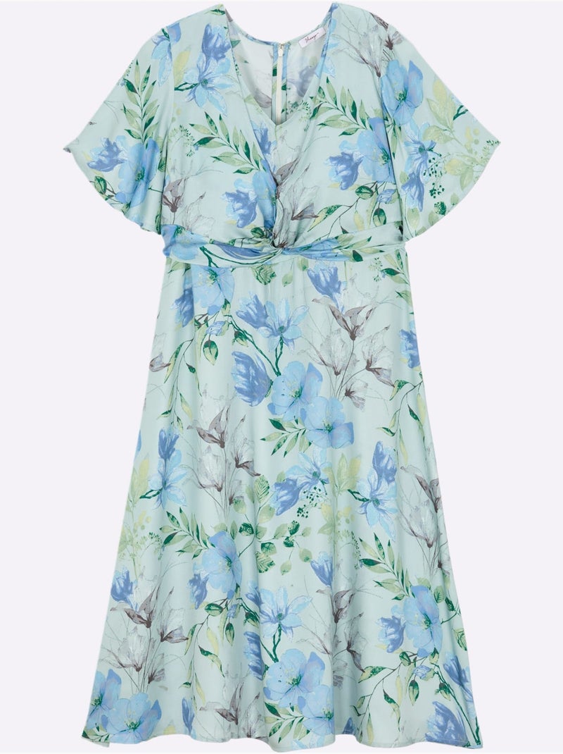 Robe à Fleurs Fronces à La Taille, Effet Noué - Taille Standard - Sheego Bleu Vert Bleu - Kiabi