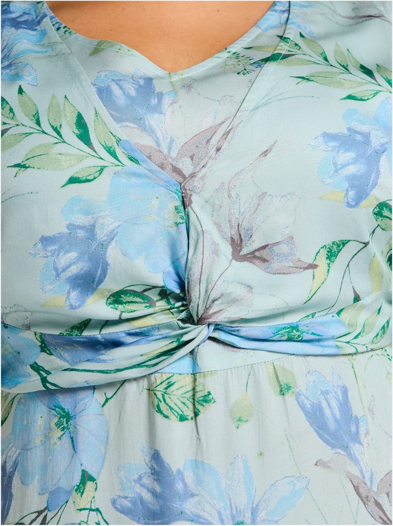 Robe à Fleurs Fronces à La Taille, Effet Noué - Taille Standard - Sheego Bleu Vert Bleu - Kiabi