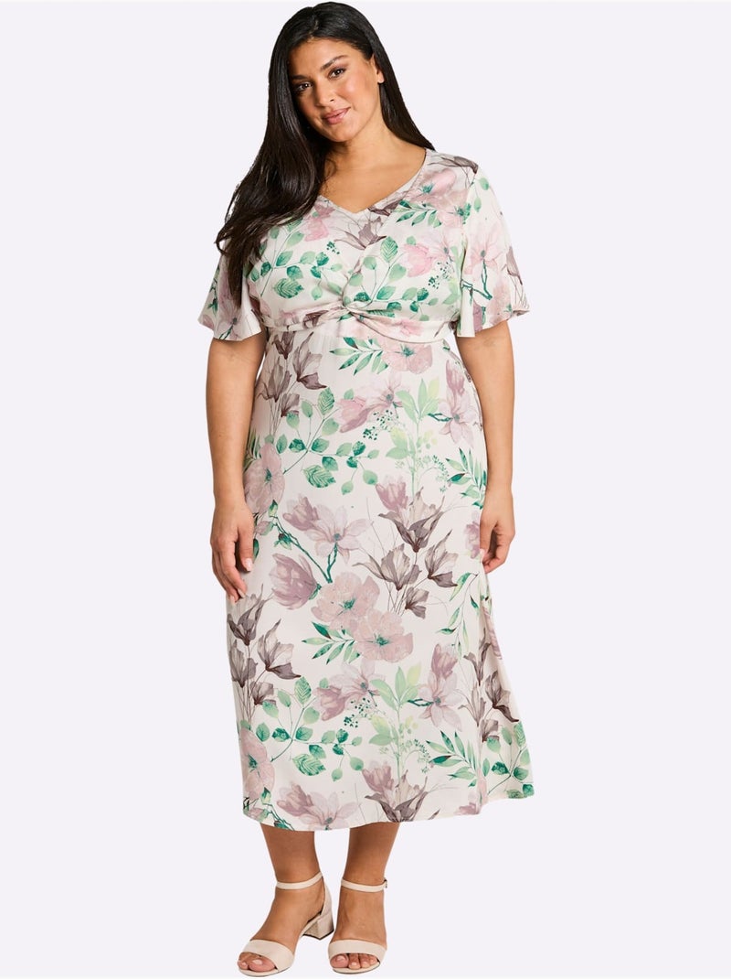 Robe à Fleurs Fronces à La Taille, Effet Noué - Taille Standard - Sheego Ivoire - Kiabi