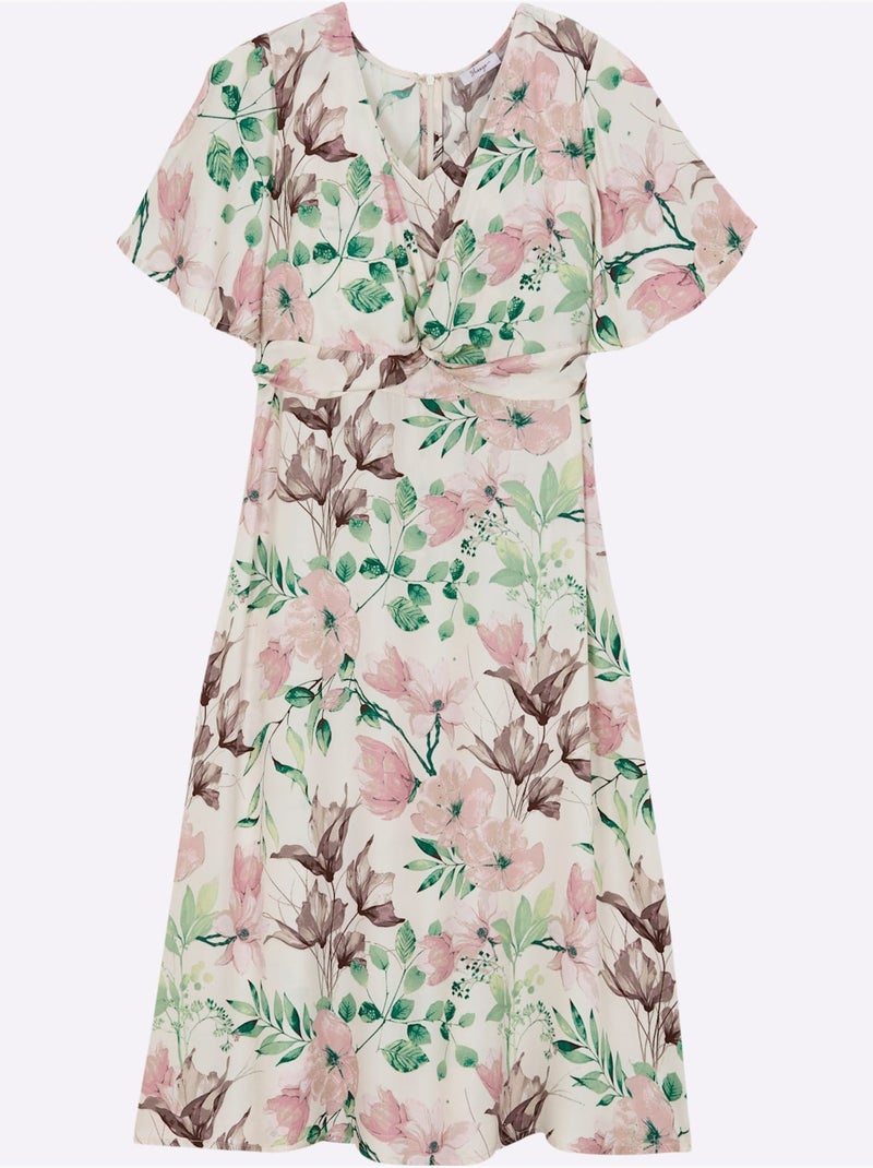 Robe à Fleurs Fronces à La Taille, Effet Noué - Taille Standard - Sheego Ivoire - Kiabi