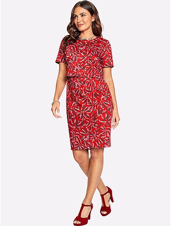 Robe imprimée coton col rond et manches courtes à motif feuillage - Taille courte - Witt