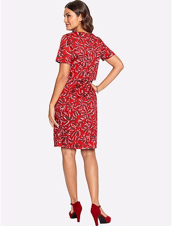 Robe imprimée coton col rond et manches courtes à motif feuillage - Taille courte - Witt
