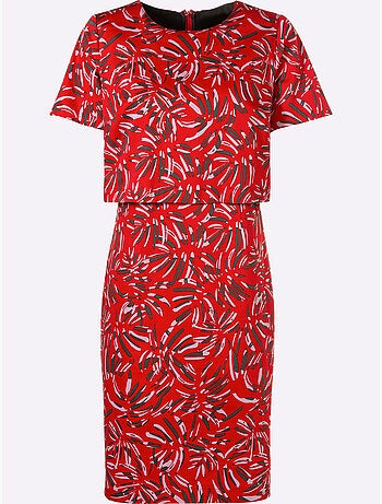 Robe imprimée coton col rond et manches courtes à motif feuillage - Taille courte - Witt