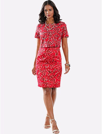 Robe imprimée coton col rond et manches courtes à motif feuillage - Taille courte - Witt
