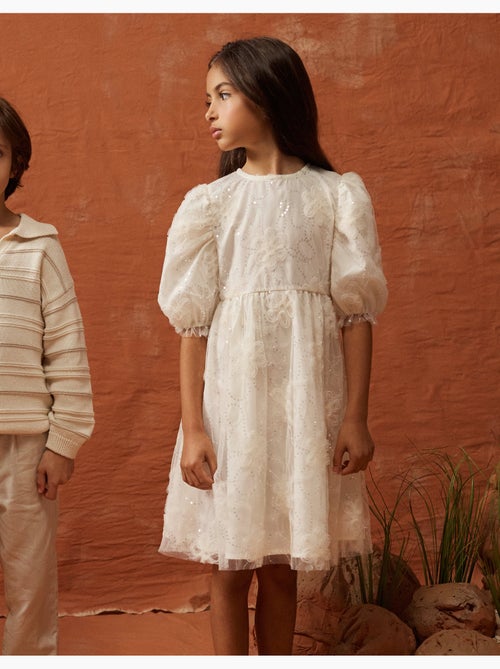 Robe à manches bouffantes et fleurs 3D - Kiabi