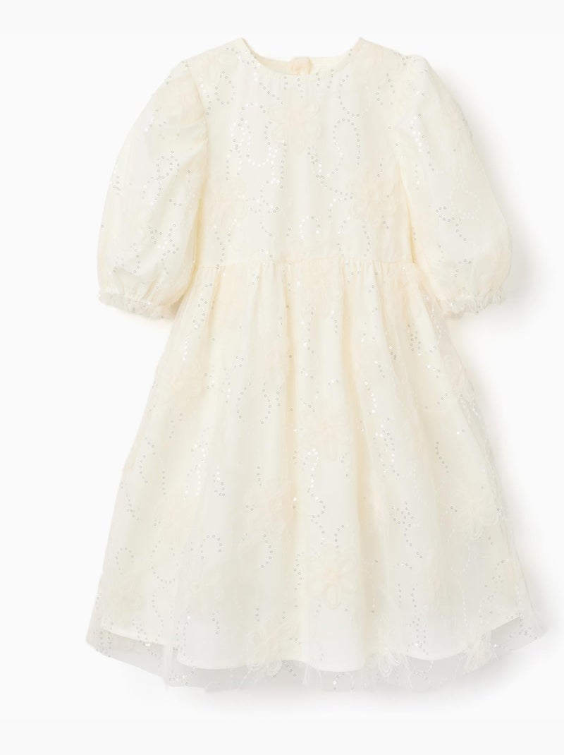 Robe à manches bouffantes et fleurs 3D Blanc - Kiabi