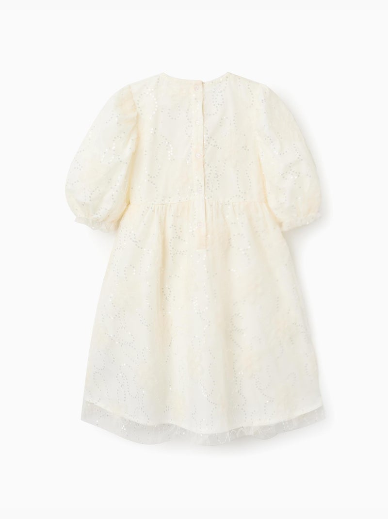 Robe à manches bouffantes et fleurs 3D Blanc - Kiabi