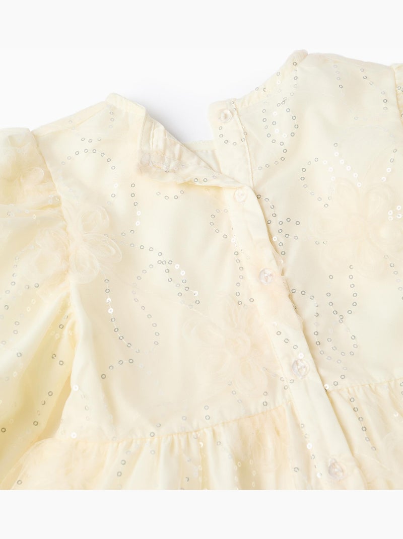 Robe à manches bouffantes et fleurs 3D Blanc - Kiabi