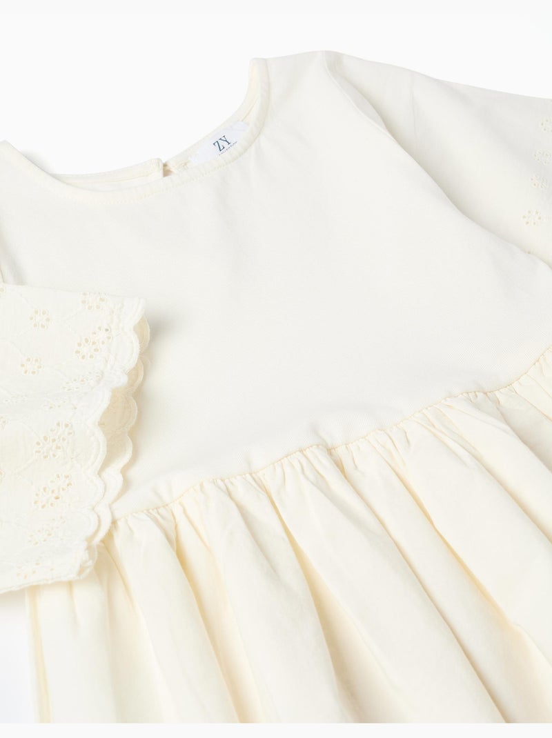 Robe à manches courtes en coton avec broderie anglaise Beige clair - Kiabi