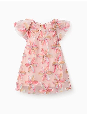 Robe à manches courtes en tulle avec fleurs 3D