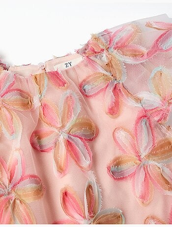 Robe à manches courtes en tulle avec fleurs 3D